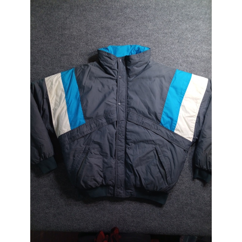 Vintage FarWest Puffer Jacket Mens L Blue White Colorblock USA Outdoor Coat